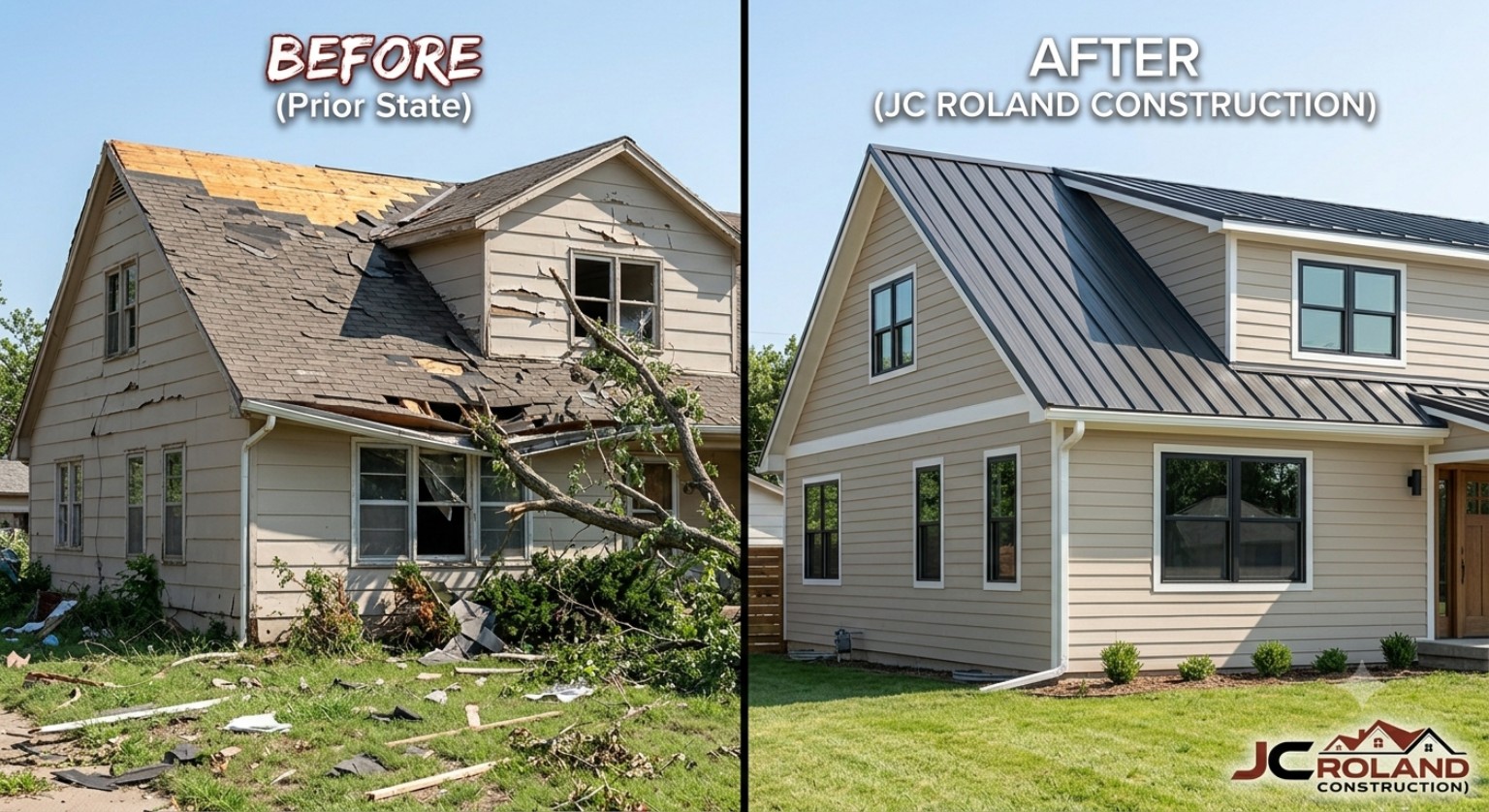 Before and after exterior reconstruction by JC Roland Construction